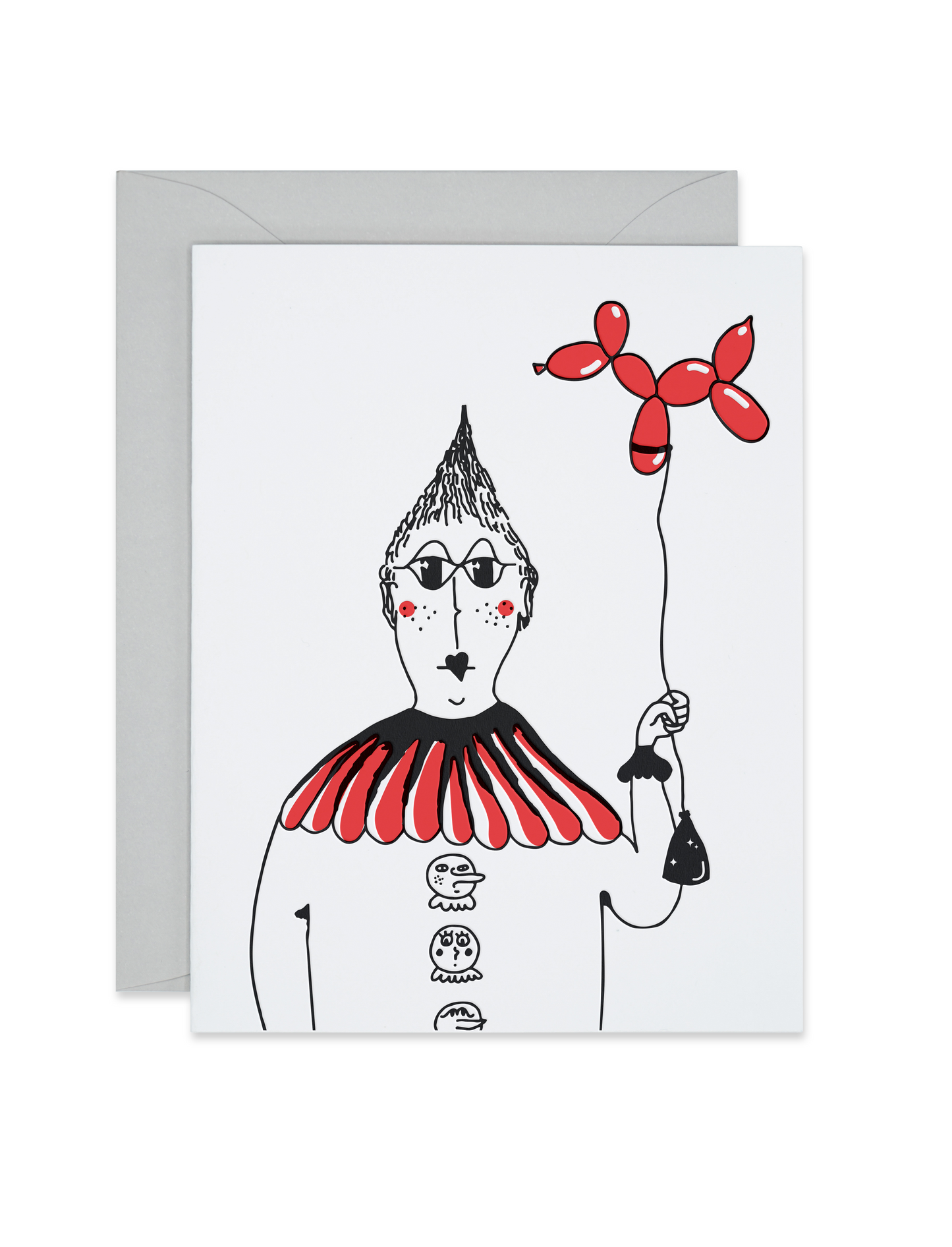Letterpress birthday card with a clown holding a dog balloon, link