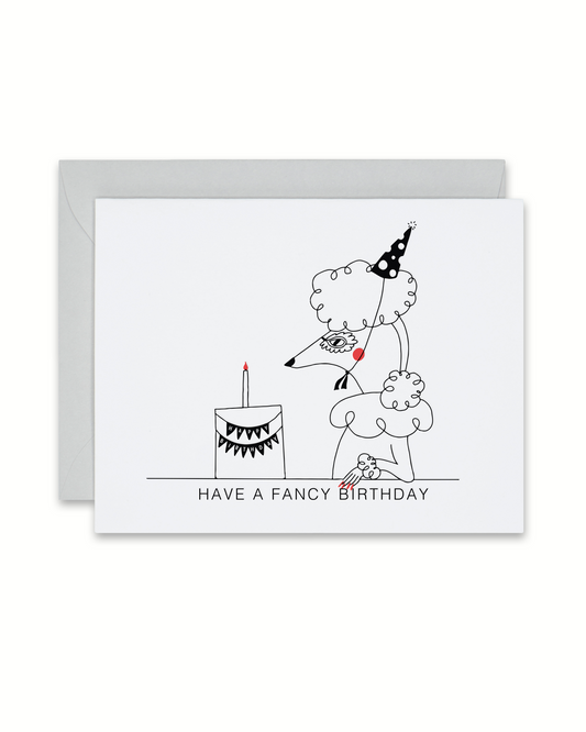 Letterpress Birthday card with a poodle wearing a birthday hat next to a cake, have a fancy birthday, link