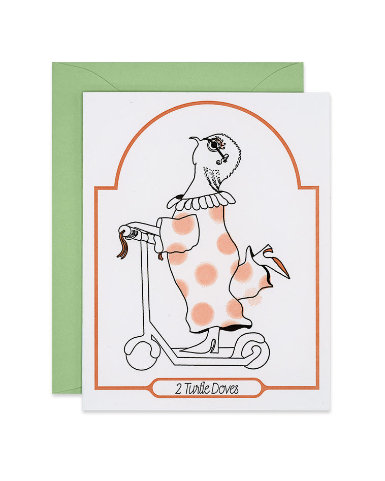 Letterpress Christmas greeting card with a dove riding a scooter, 2 turtle doves, link