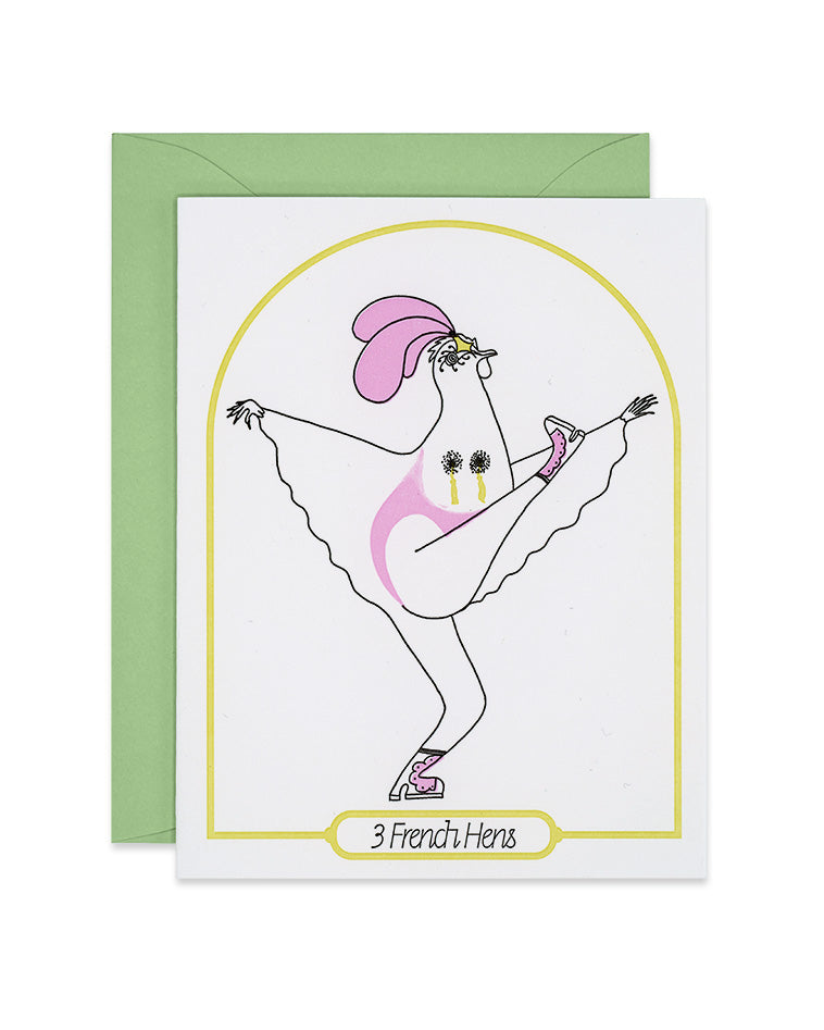 Letterpress Christmas Greeting Card with a hen high-kicking in cabaret attire, 3 French Hens, Link