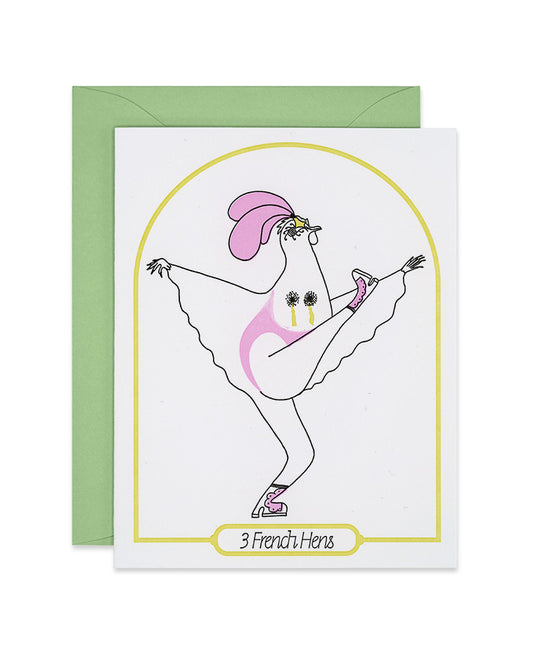 Letterpress Christmas Greeting Card with a hen high-kicking in cabaret attire, 3 French Hens, Link