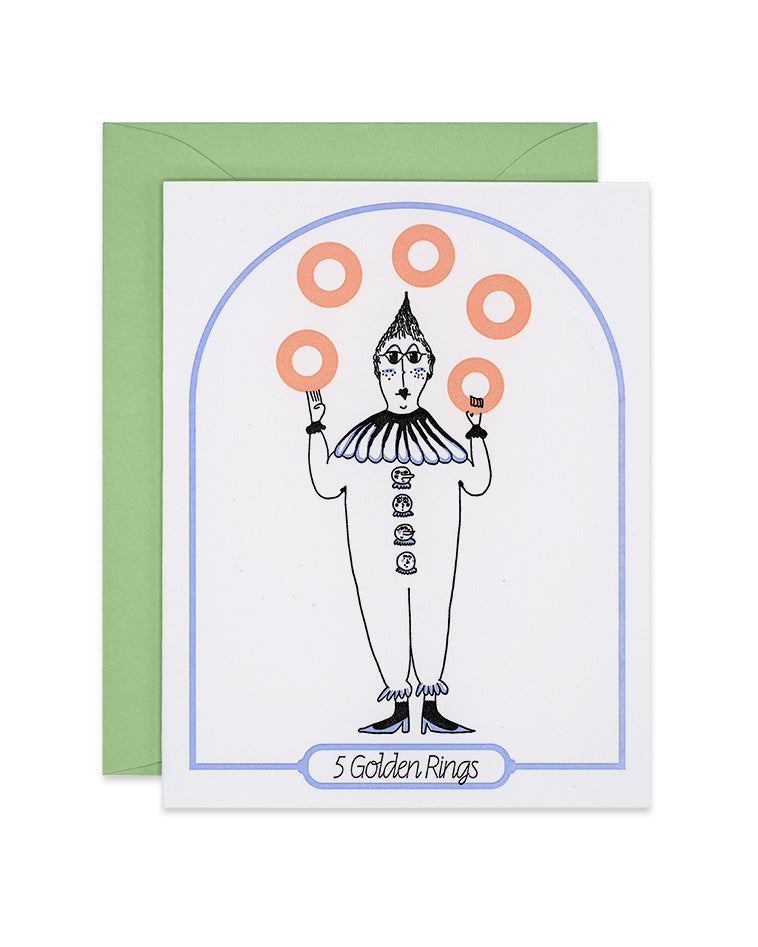 Letterpress Christmas greeting card with a clown in heels tossing 5 orange rings in air, 5 golden rings, link