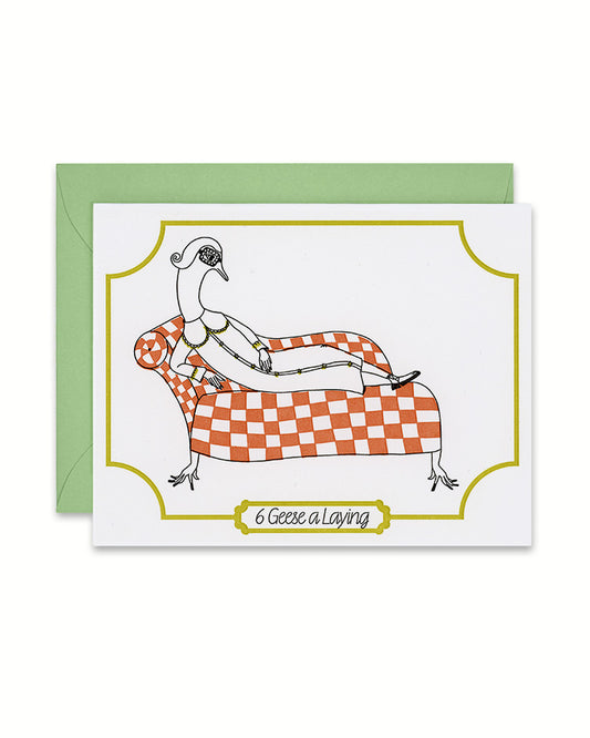 Letterpress Christmas greeting card with a Goose in a nightgown lounging on checkered settee, 6 geese laying, link