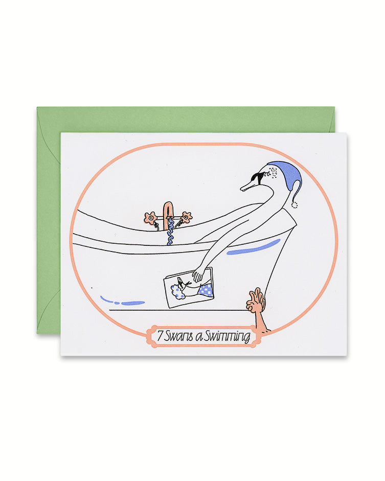 Letterpress Christmas Greeting Card with a swan wearing a nightcap in a claw-footed bathtub, 7 swans swimming, link
