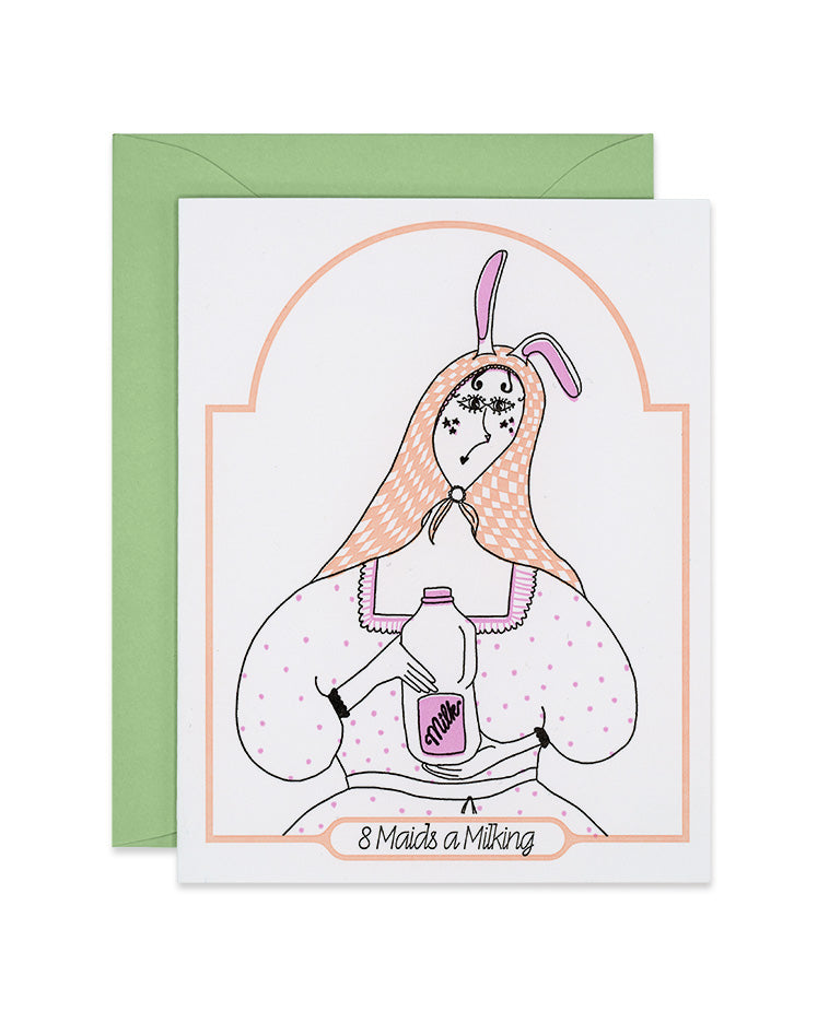 Letterpress Christmas greeting card with a bunny wearing a kerchief and holding a milk carton, 8 maids milking, link