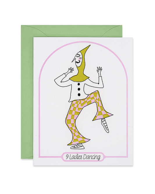 Letterpress Christmas greeting card with a jester wearing checkered pants and ballet flats dancing a jig, 9 ladies dancing, link