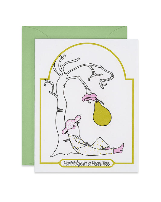 Letterpress Christmas greeting card with a partridge wearing a sun hat and heeled boots leaning against a pear tree, Partidge in a pear tree, link