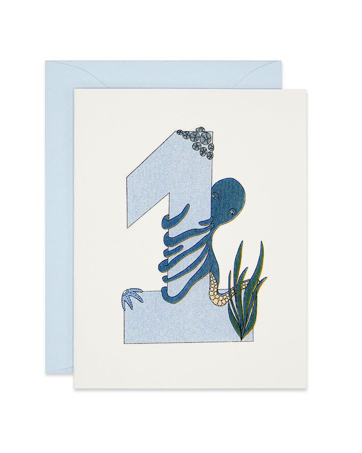 Riso blue birthday card with an octopus holding the number one, link