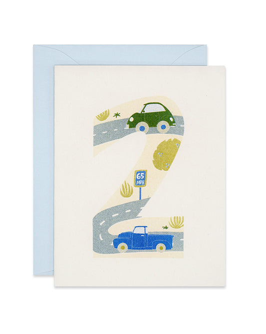Riso kid's birthday card with the number 2 filled with cars on a road, link