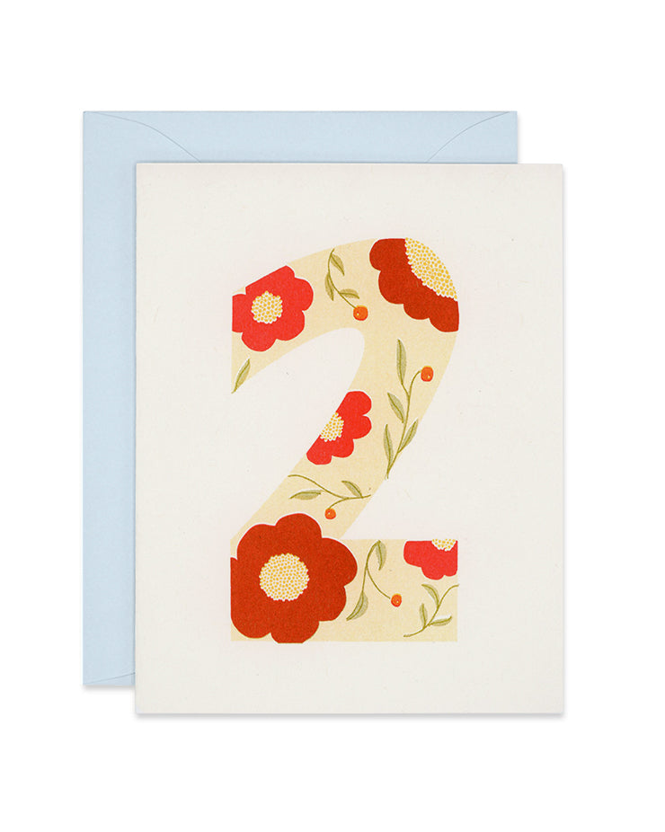 Riso kid's birthday card with the number 2 filled with florals