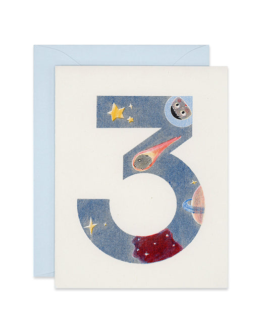 Riso kid's birthday card with the number three space-themed, link
