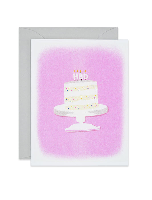 Riso pink birthday card wit a decorated cake on a stand and HBD candles, link