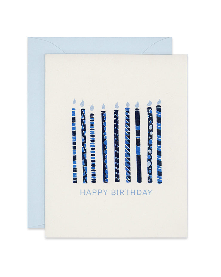 Riso birthday card with blue patterned candles, link