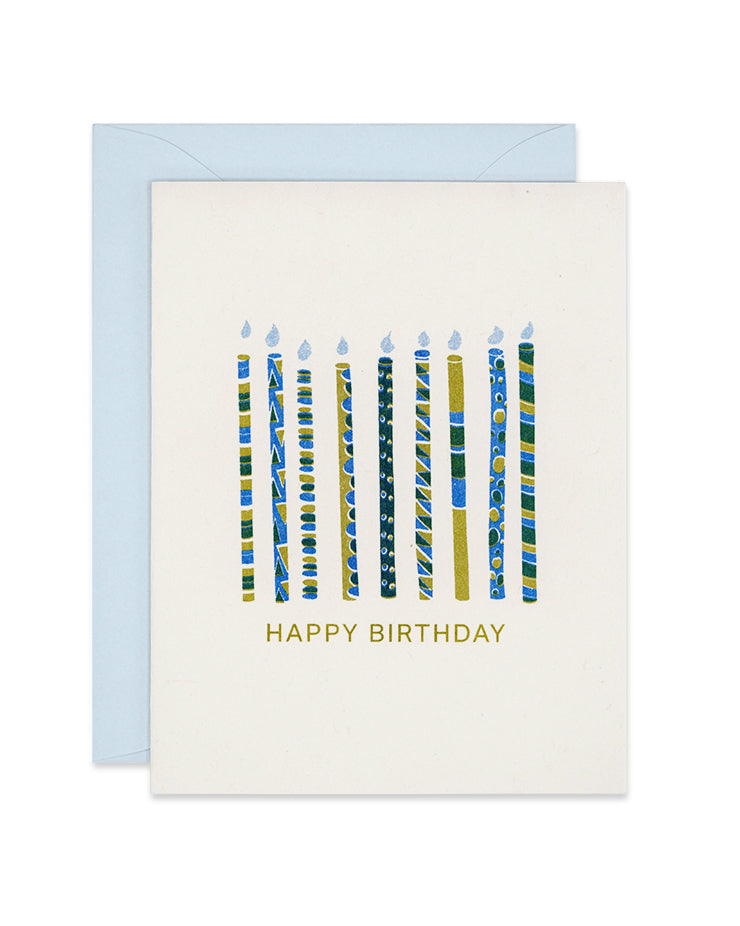 Riso birthday card with blue and green patterned candles, link