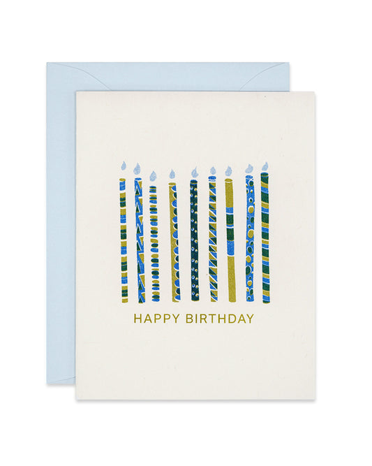 Riso birthday card with blue and green patterned candles, link