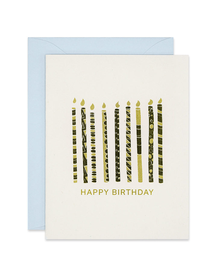 Riso birthday card with green patterned candles, link