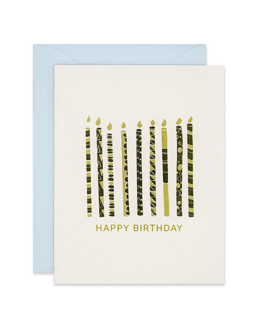 Riso birthday card with green patterned candles, link