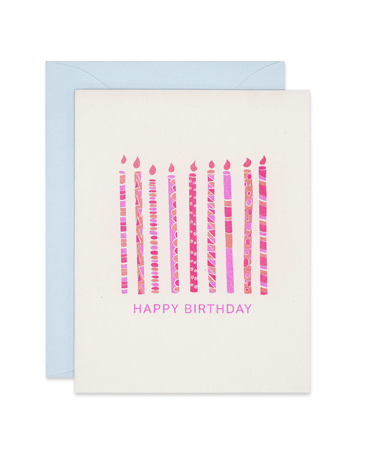 Riso birthday card with pink patterned candles, link