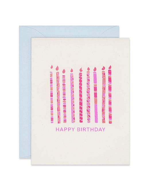 Riso birthday card with pink patterned candles, link