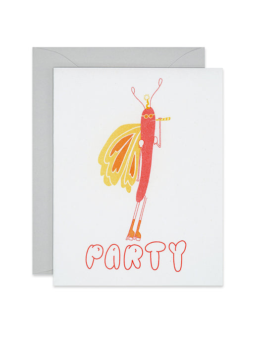 Riso birthday card with a butterfly holding a kazoo. Underneath is printed, "party", link