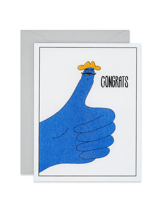 Riso congratulations card with a thumb's up. The thumb has a moustache and a hat and is saying "congrats."