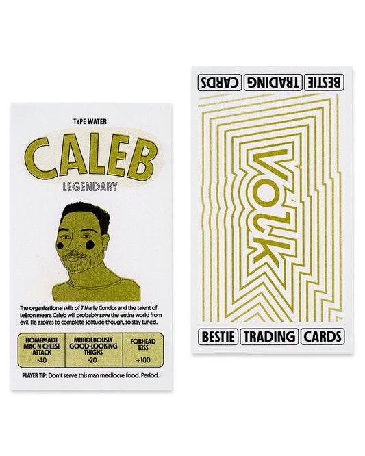 Front and Back of Riso custom trading cards. The front has a name, illustration, a bio, and attacks. The back says "Bestie Trading Cards" and "Volk" in big letters 