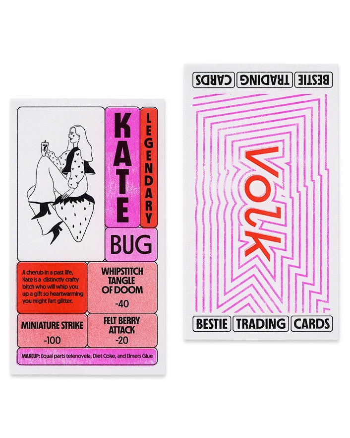 Front and Back of Riso custom trading cards. The front has a name, illustration, a bio, and attacks. The back says "Bestie Trading Cards." 