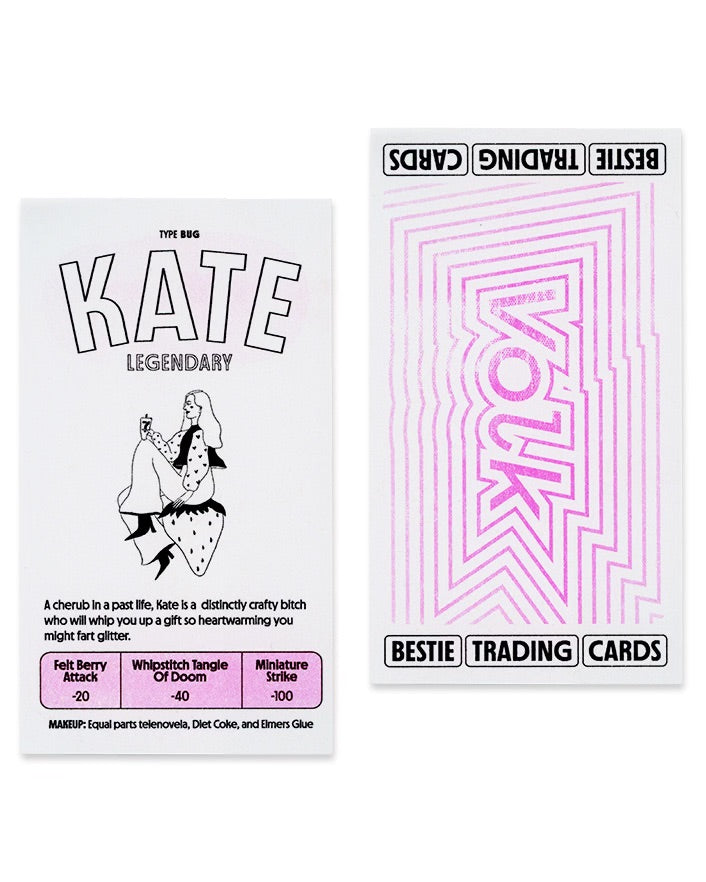 Front and Back of Riso custom trading cards. The front has a name, illustration, a bio, and attacks. The back says "Bestie Trading Cards." 