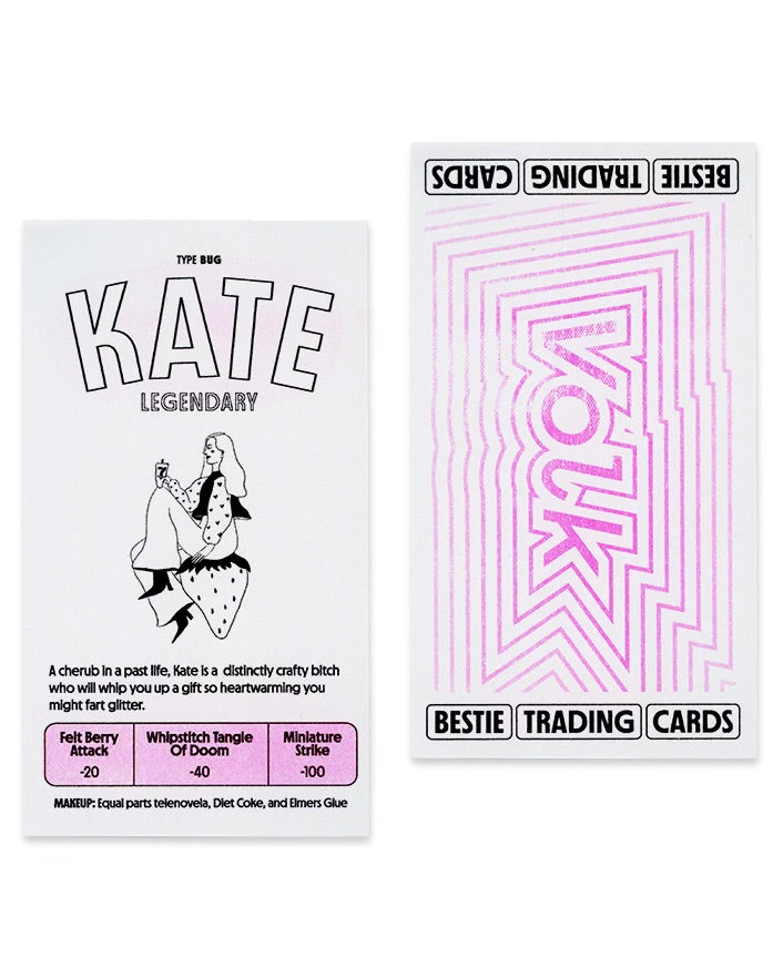 Front and Back of Riso custom trading cards. The front has a name, illustration, a bio, and attacks. The back says "Bestie Trading Cards." 