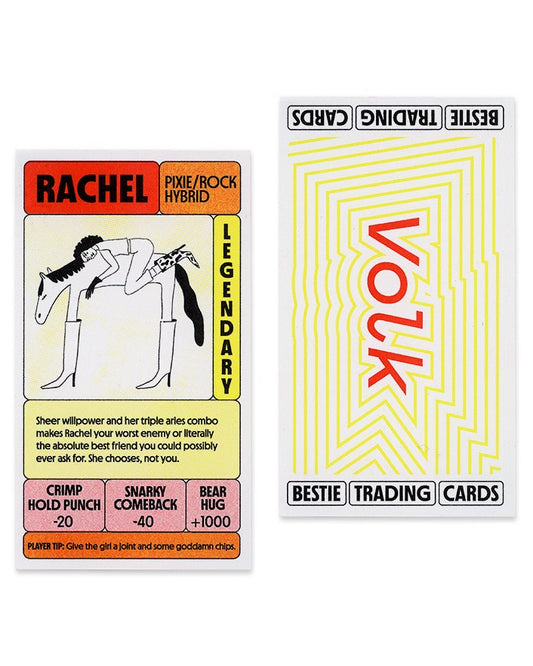 Front and Back of Riso custom trading cards. The front has a name, illustration, a bio, and attacks. The back says "Bestie Trading Cards." 