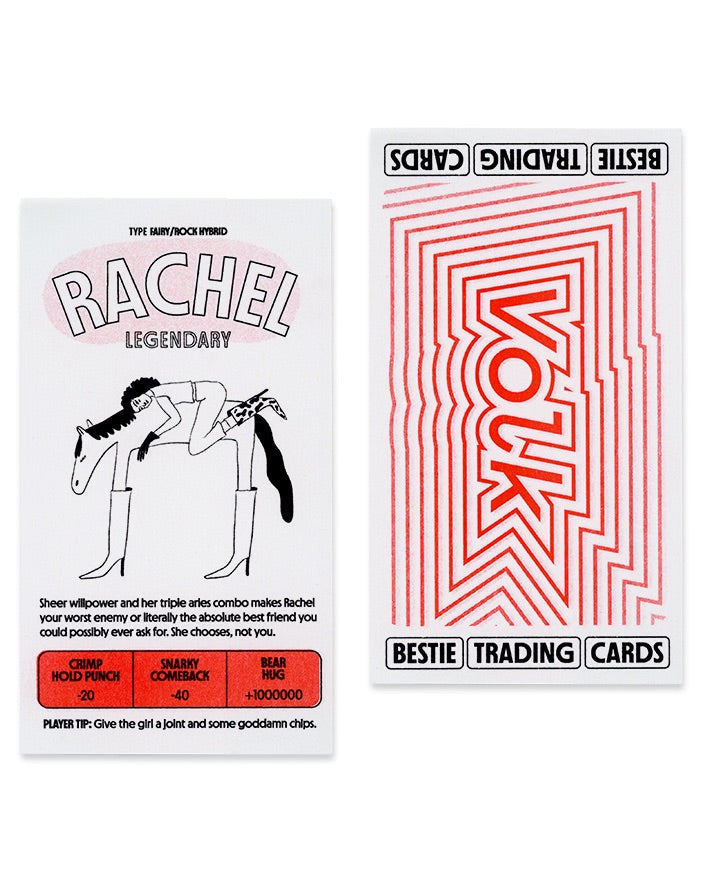 Front and Back of Riso custom trading cards. The front has a name, illustration, a bio, and attacks. The back says "Bestie Trading Cards." 