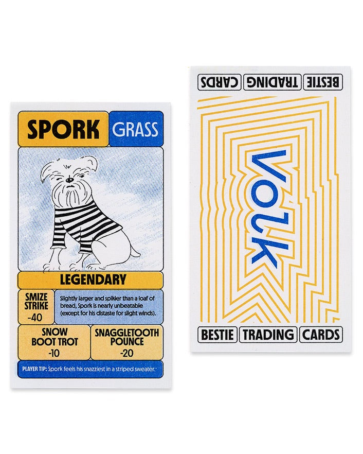 Front and Back of Riso custom trading cards. The front has a name, illustration, a bio, and attacks. The back says "Bestie Trading Cards" and "Volk" in big letters 